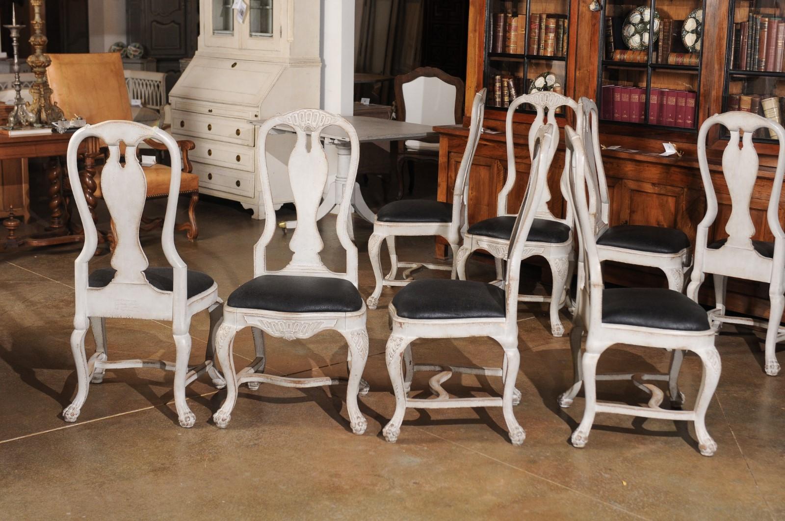 Set of 12 Swedish Rococo Style 19th Century Upholstered Painted Dining Chairs 6