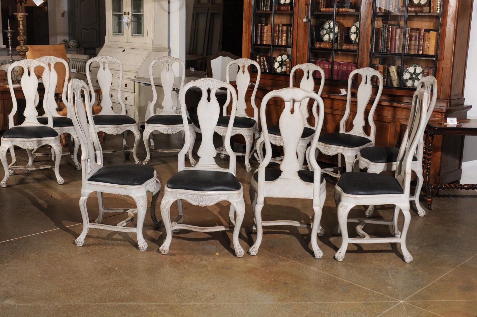 Set of 12 Swedish Rococo Style 19th Century Upholstered Painted Dining Chairs In Good Condition In Atlanta, GA