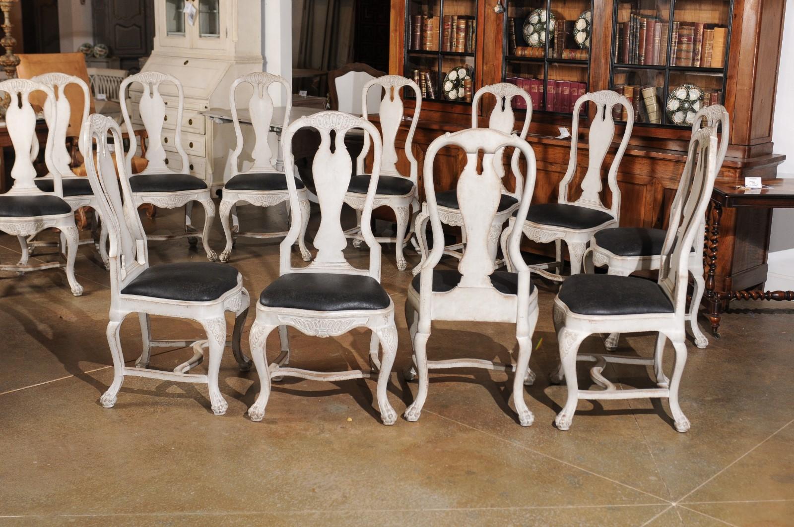 Upholstery Set of 12 Swedish Rococo Style 19th Century Upholstered Painted Dining Chairs