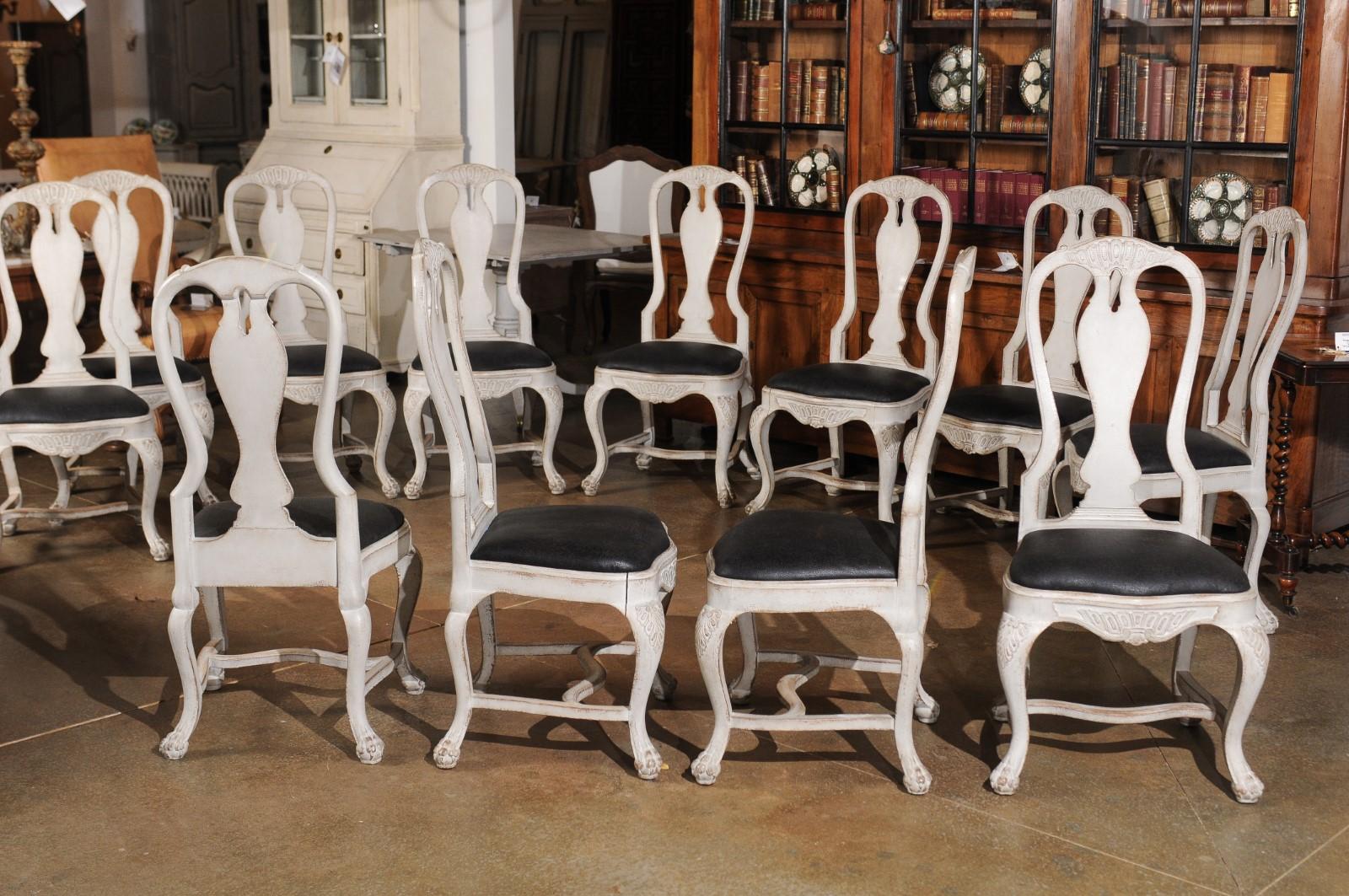 Set of 12 Swedish Rococo Style 19th Century Upholstered Painted Dining Chairs 1