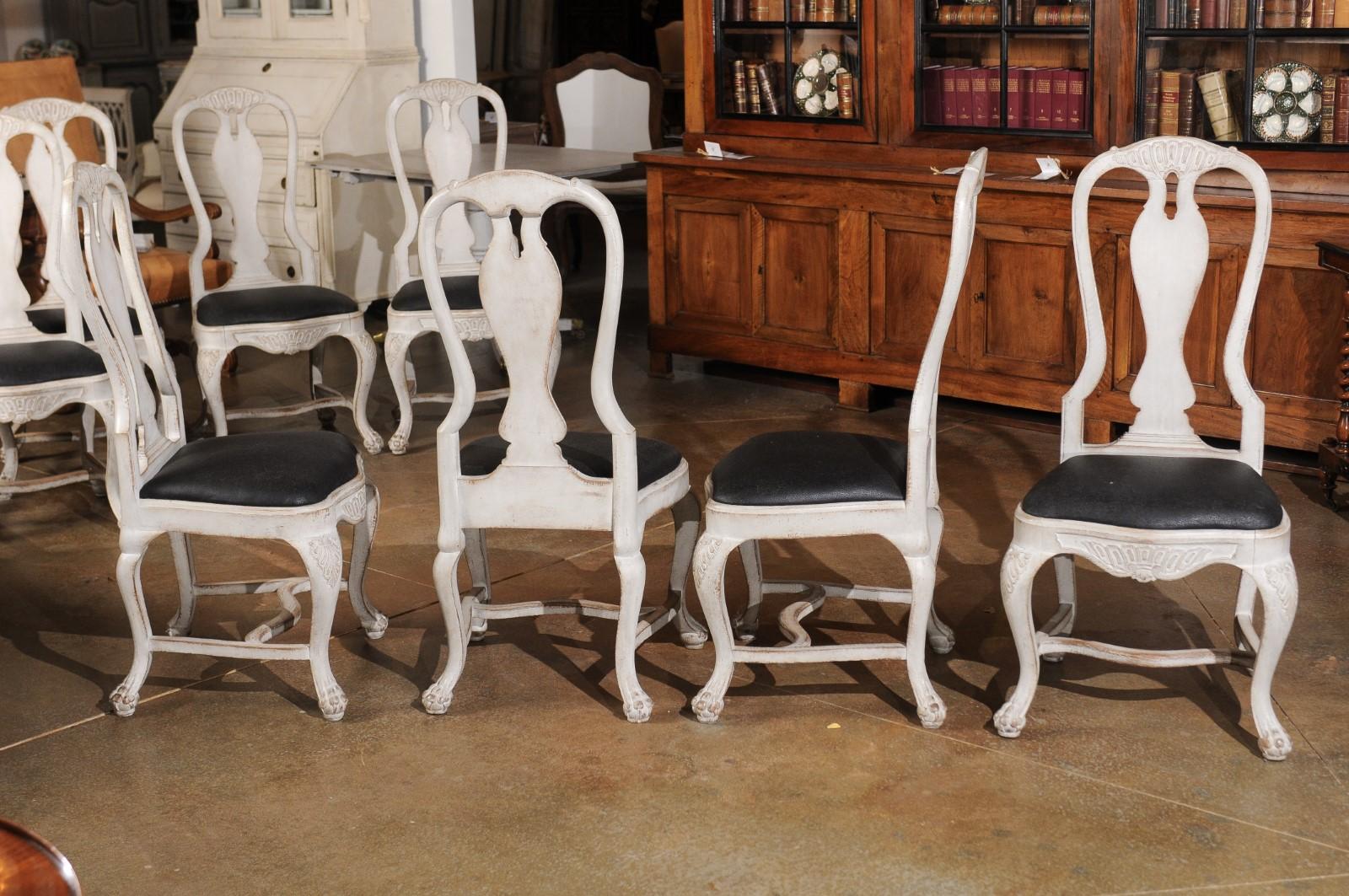 Set of 12 Swedish Rococo Style 19th Century Upholstered Painted Dining Chairs 3