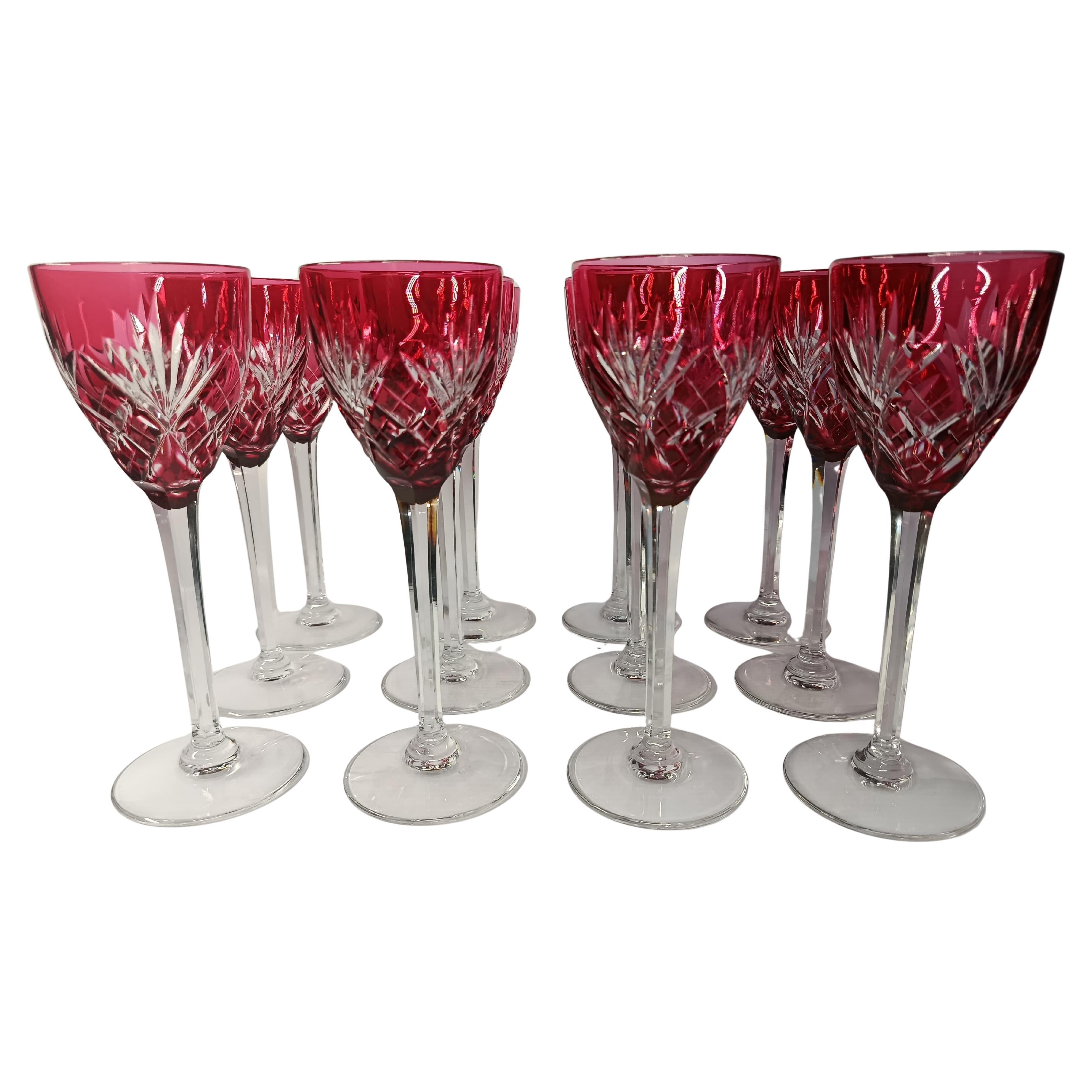 Set of 12 Tall Red Crystal Wine Glasses Saint Louis France