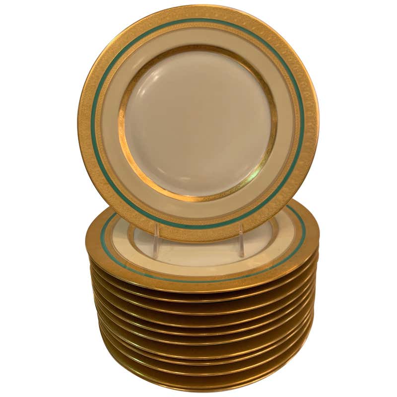 Set of 12 Thick Gold bordered Service Dinner Plates at 1stDibs
