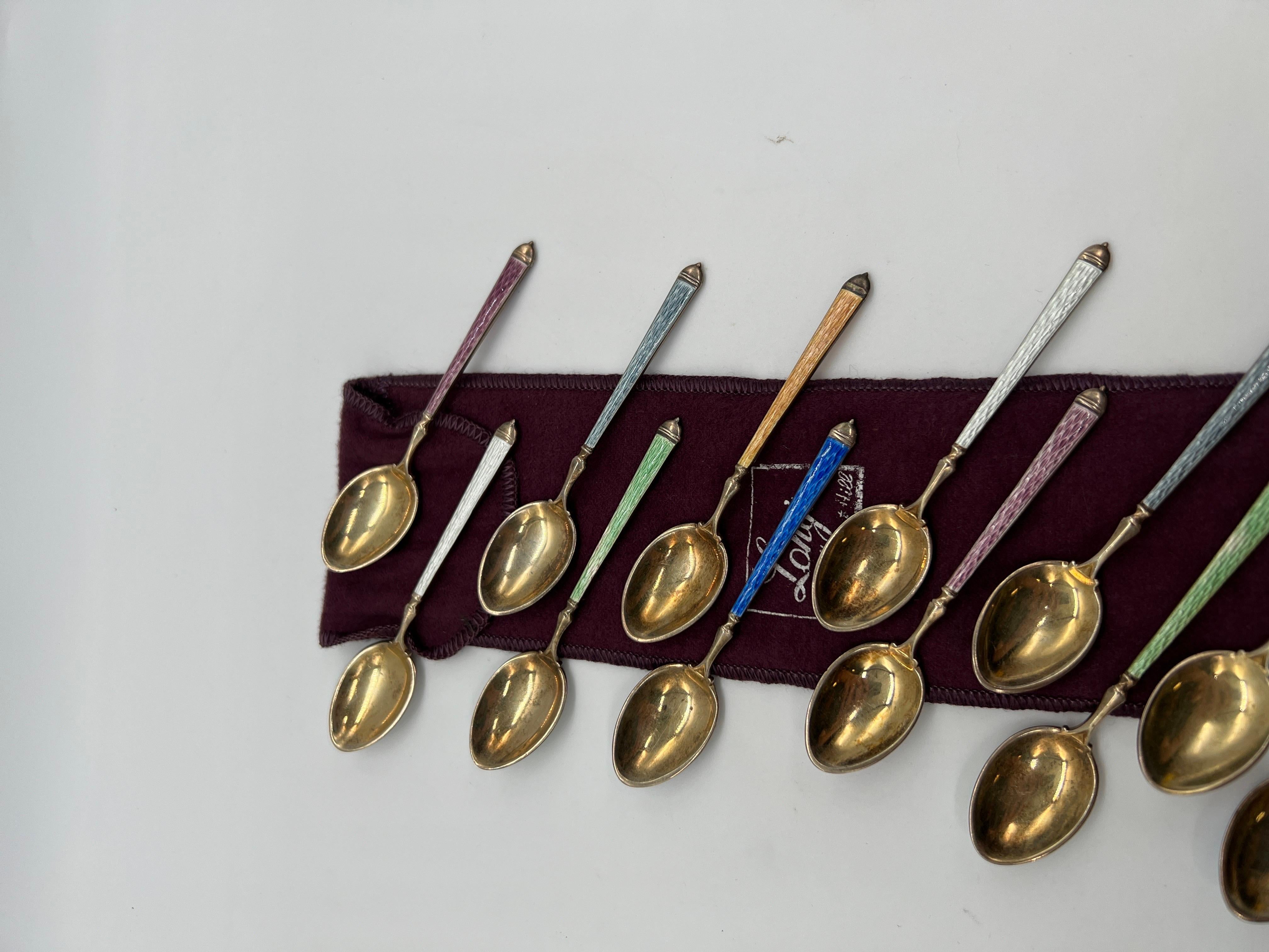 American Set of 12, Thomae Company Heavily Enameled Sterling Silver Demitasse Spoons  For Sale