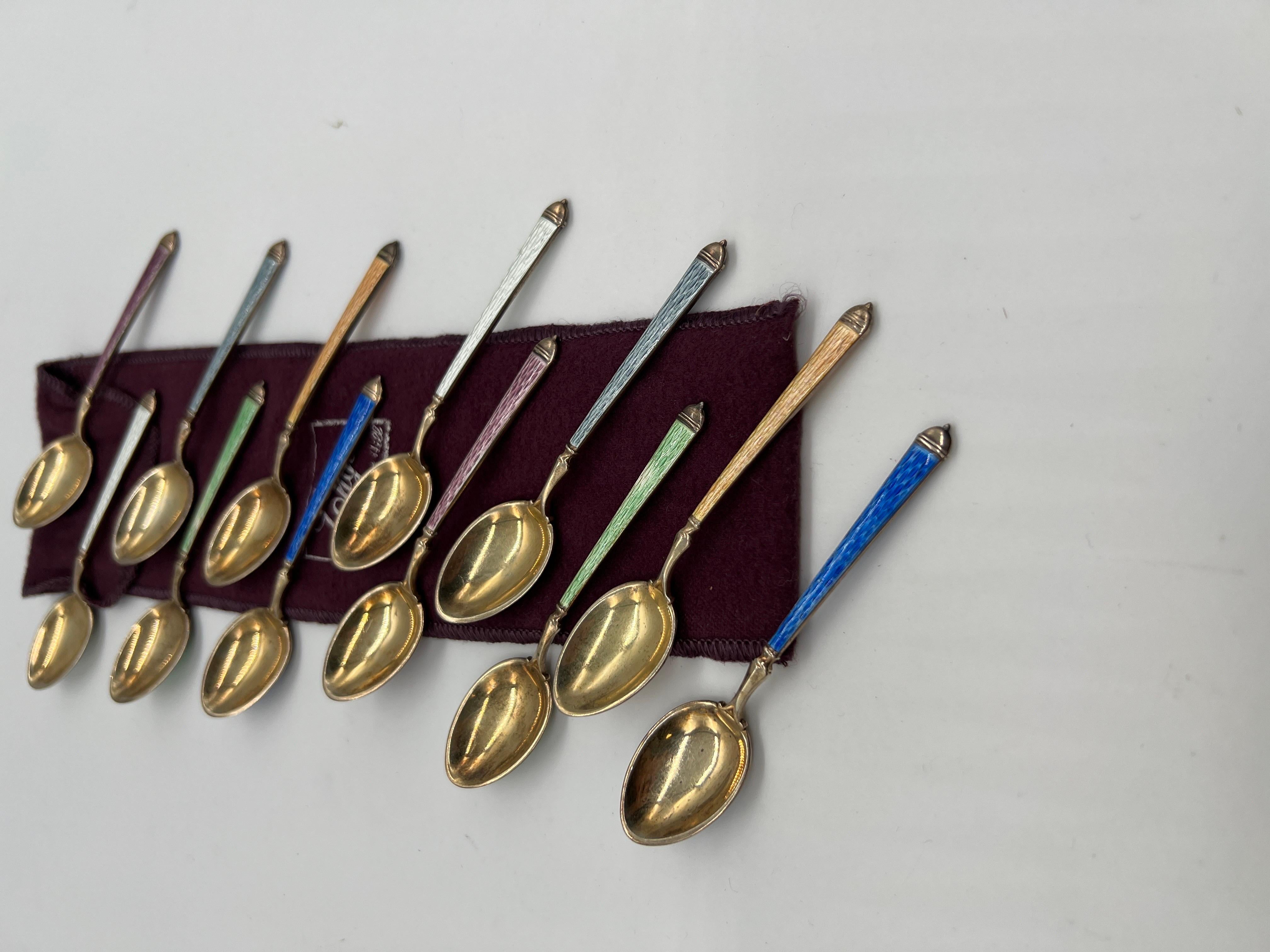 20th Century Set of 12, Thomae Company Heavily Enameled Sterling Silver Demitasse Spoons  For Sale