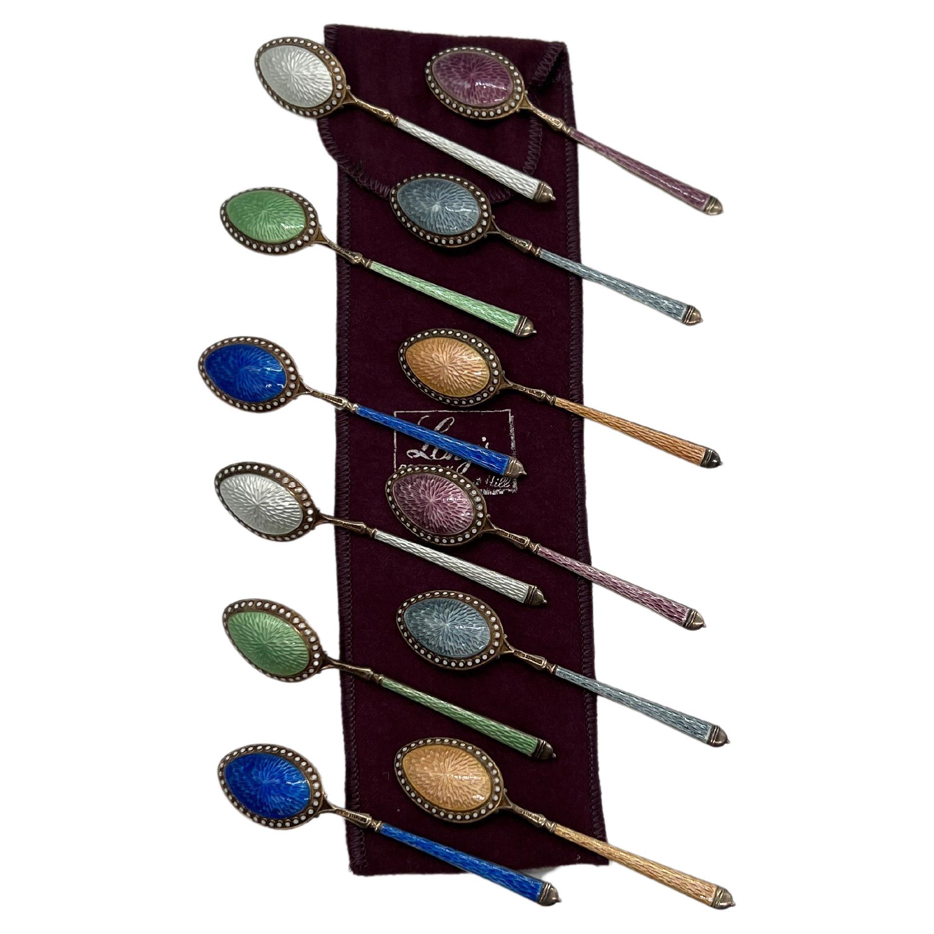 Set of 12, Thomae Company Heavily Enameled Sterling Silver Demitasse Spoons  For Sale