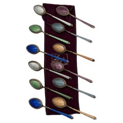 Set of 12, Thomae Company Heavily Enameled Sterling Silver Demitasse Spoons
