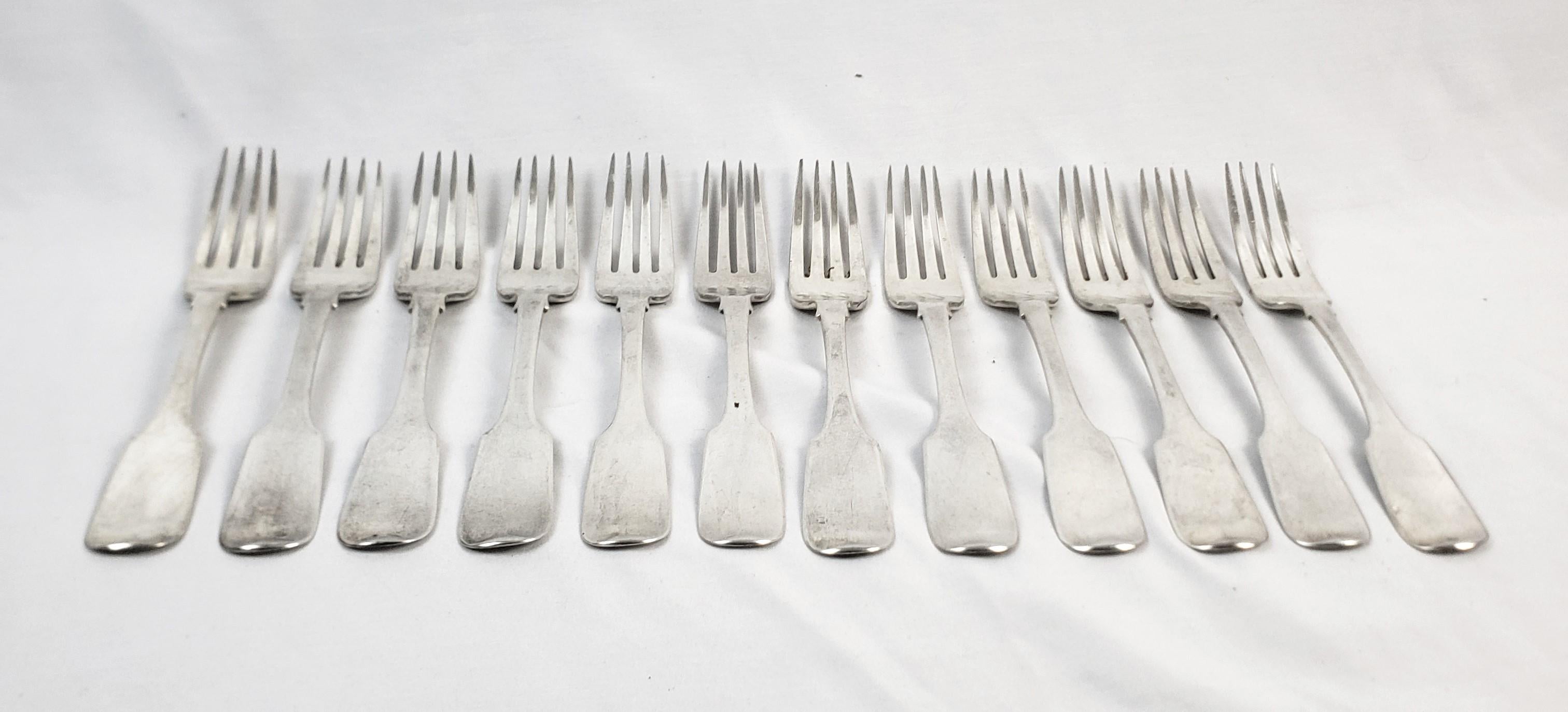 Hand-Crafted Set of 12 Thomas Nortzen Antique Large Georgian Sterling Silver Dinner Forks For Sale