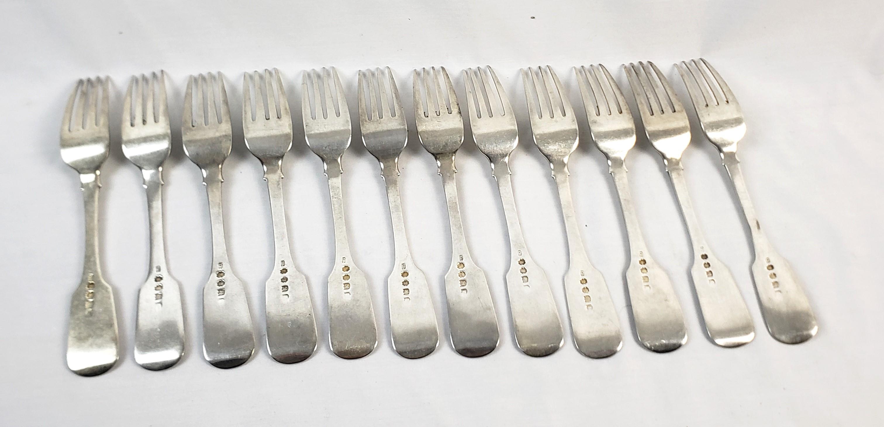 Hand-Crafted Set of 12 Thomas Nortzen Antique Large Georgian Sterling Silver Dinner Forks For Sale