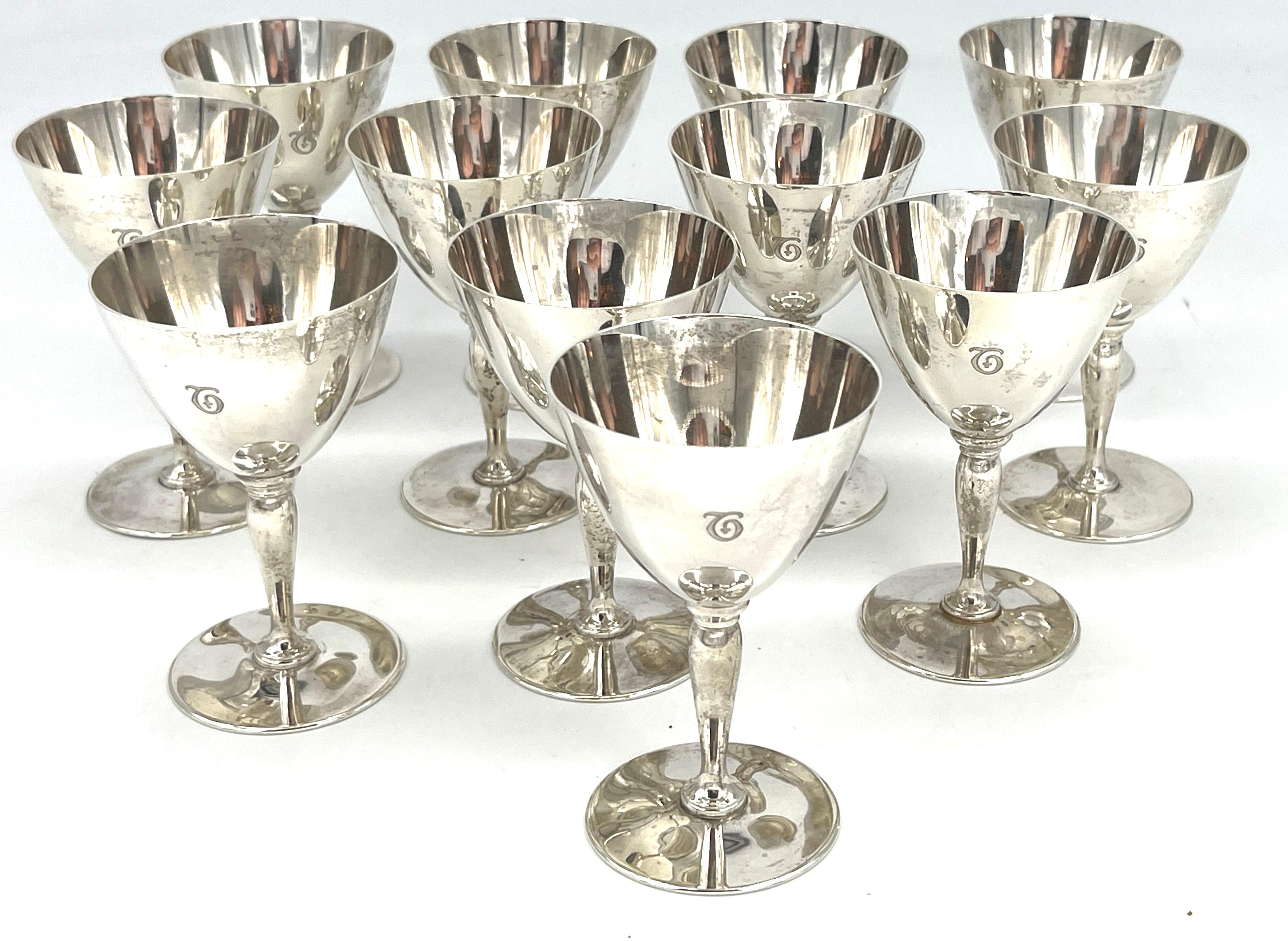 Set of 12 Tiffany Art Deco Sterling Goblets, 1907–1947
USA, Circa 1907–1947


A remarkable set of 12 Tiffany Art Deco Sterling Goblets was made between 1907 and 1947 in the USA. Each goblet stands at 4 inches in height with a diameter of 2.5 inches,