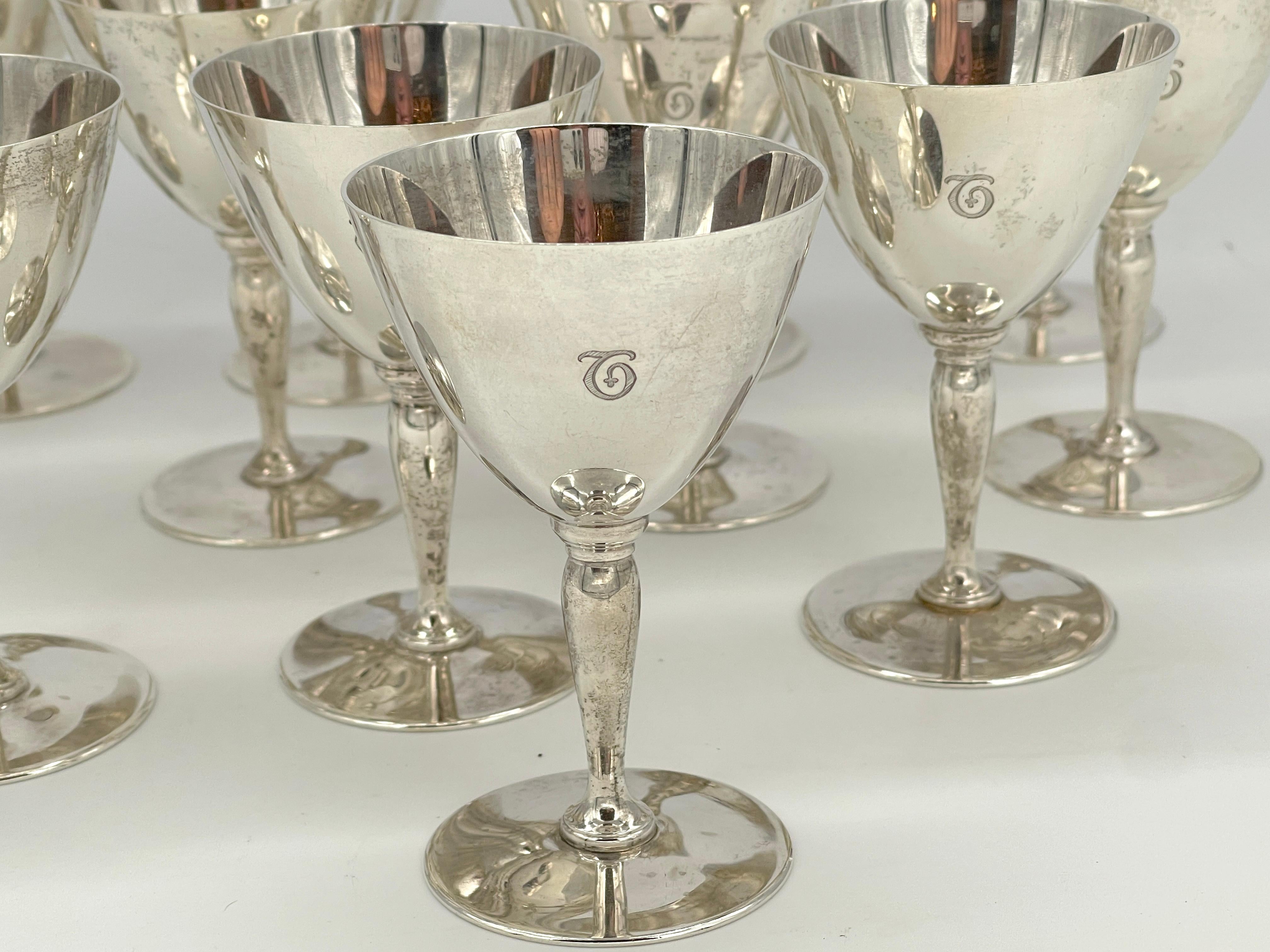 Cast Set of 12 Tiffany Art Deco Sterling Goblets  For Sale
