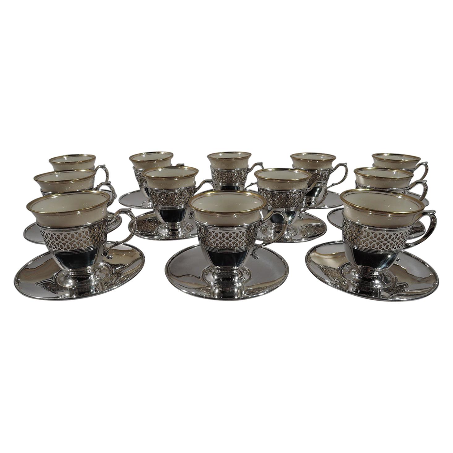 Set of 12 Tiffany Edwardian Demi-Tasse Coffee Holders and Lenox Liners