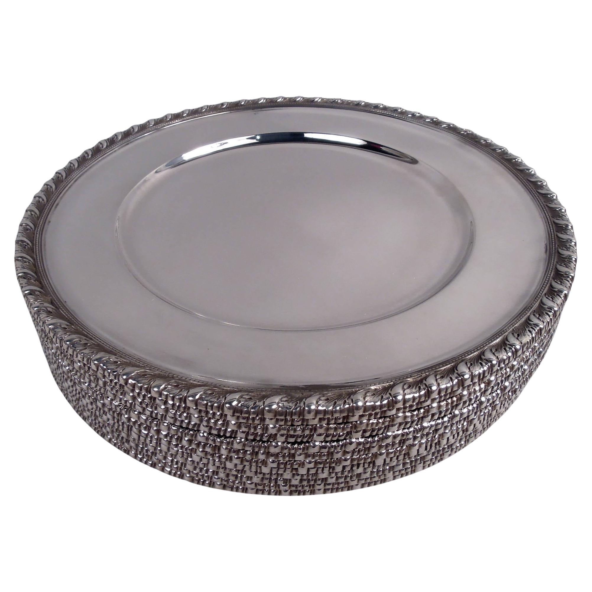 Set of 12 Tiffany Edwardian Georgian Sterling Silver Dinner Plates For Sale
