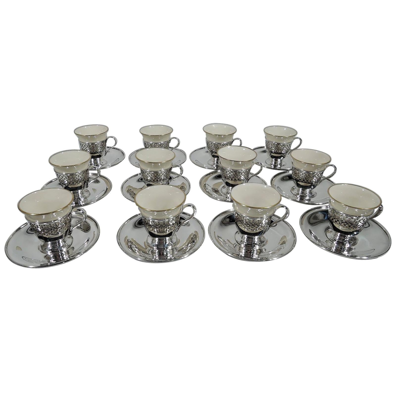 Set of 12 Tiffany Edwardian Sterling Silver Demitasse Holders with Lenox Liners