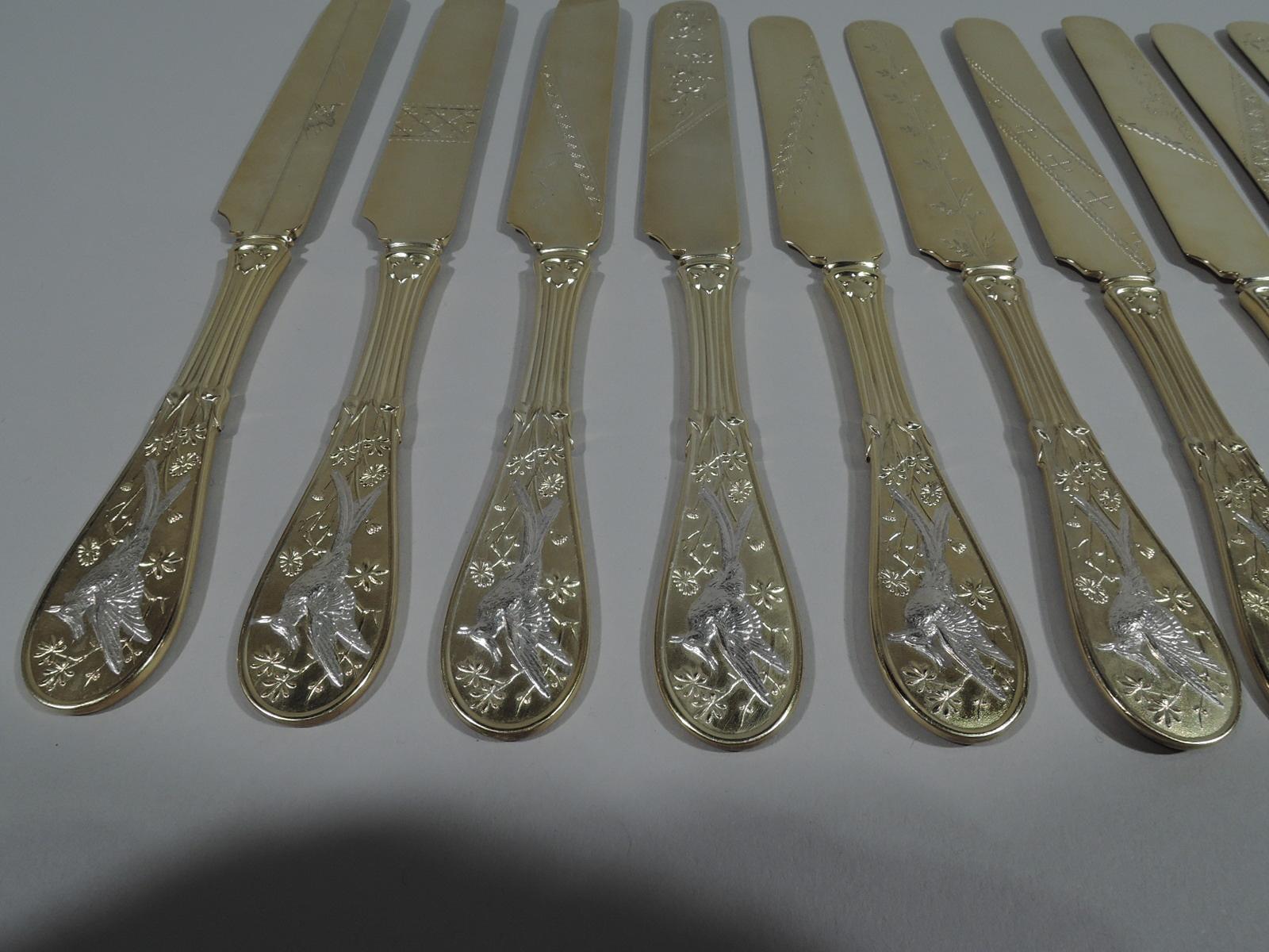 Japonisme Set of 12 Tiffany Japanese Pristine Parcel Gilt Knives