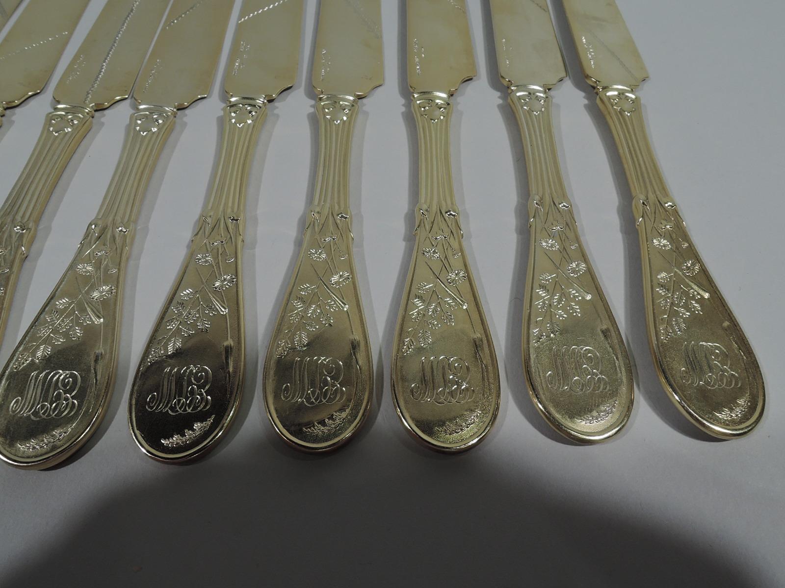 Sterling Silver Set of 12 Tiffany Japanese Pristine Parcel Gilt Knives