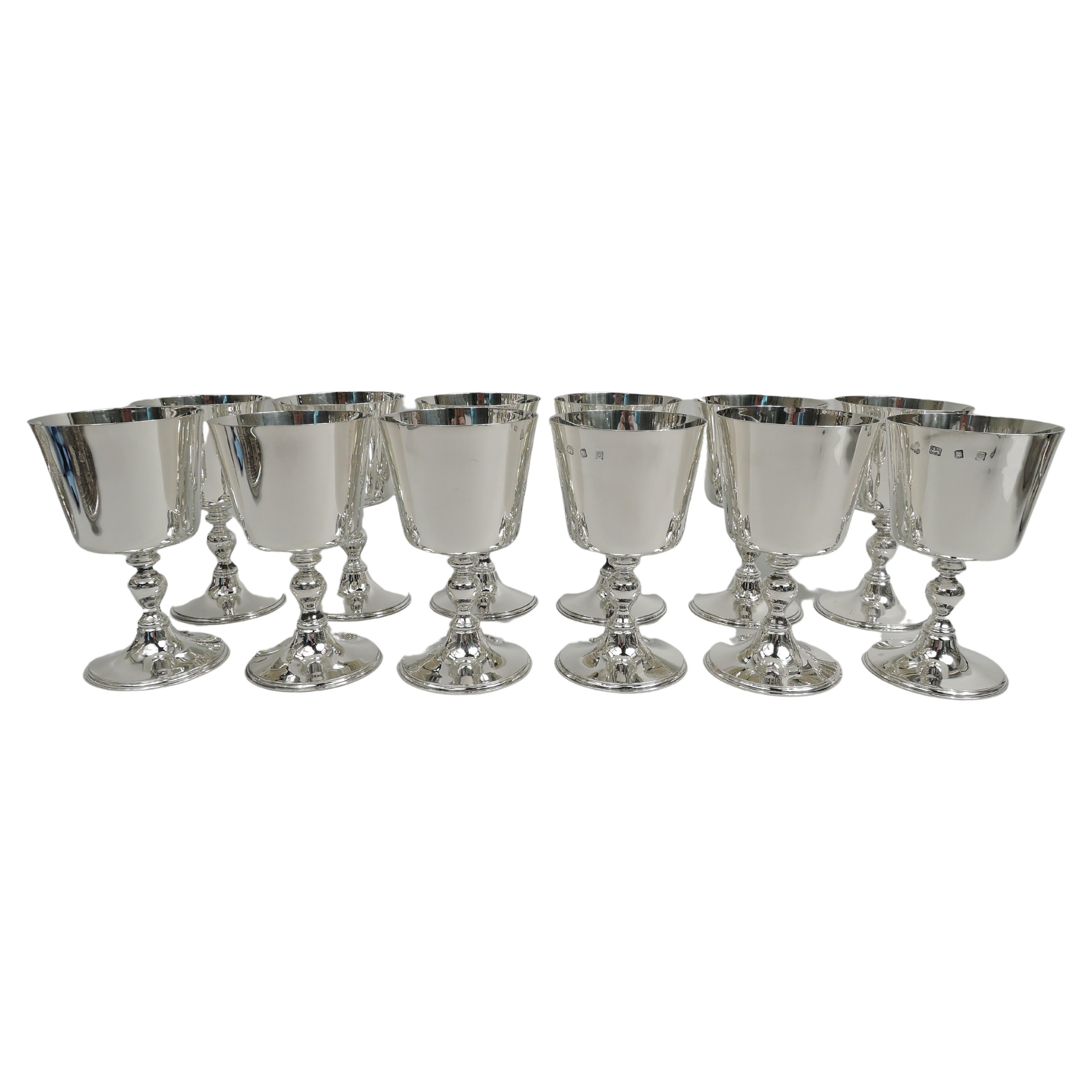 Set of 12 Traditional English Sterling Silver Goblets