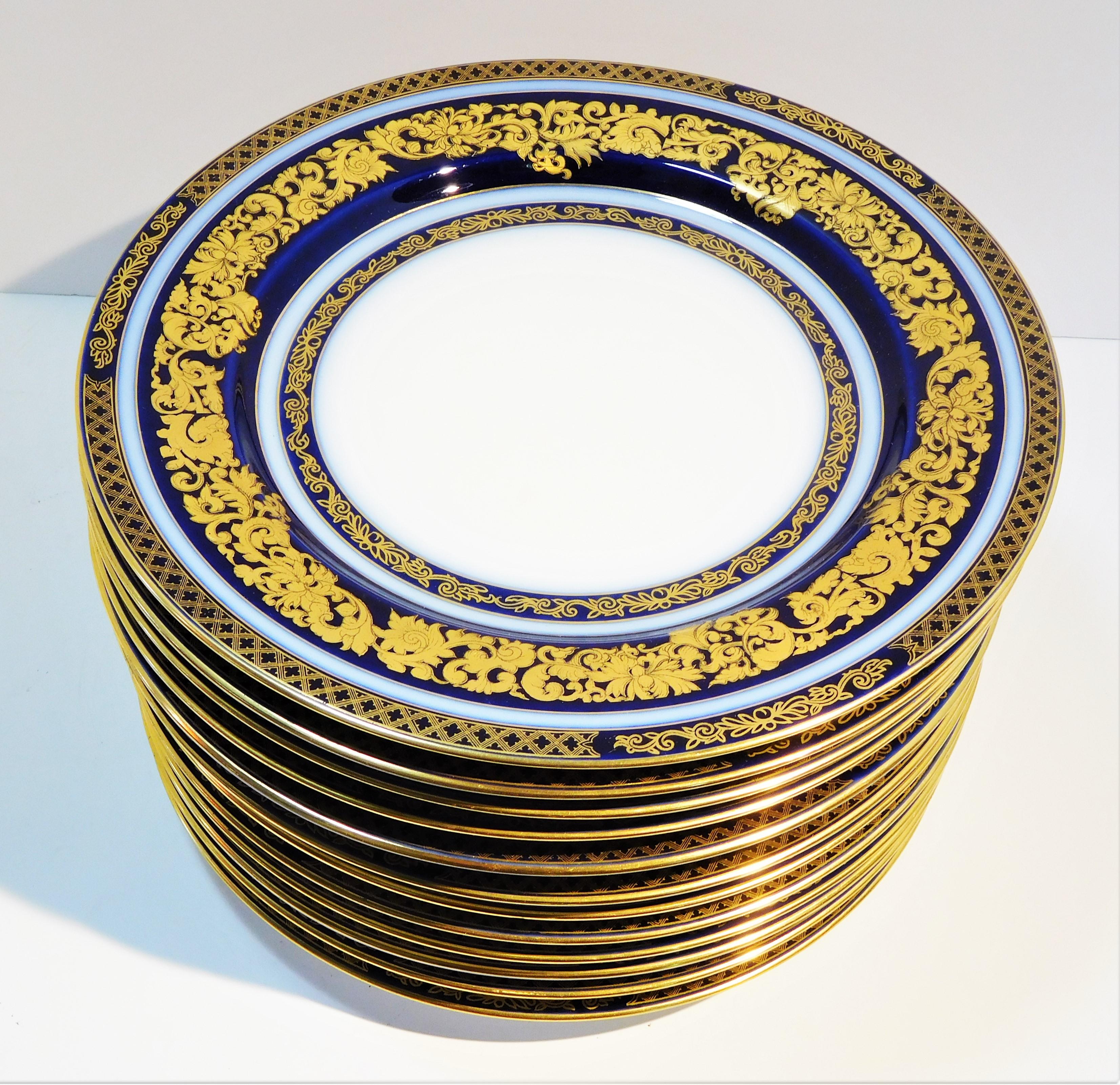 French Set of 12 Tressemann & Vogt Cobalt & Gold Porcelain Dinner Plates, France, 1910 For Sale