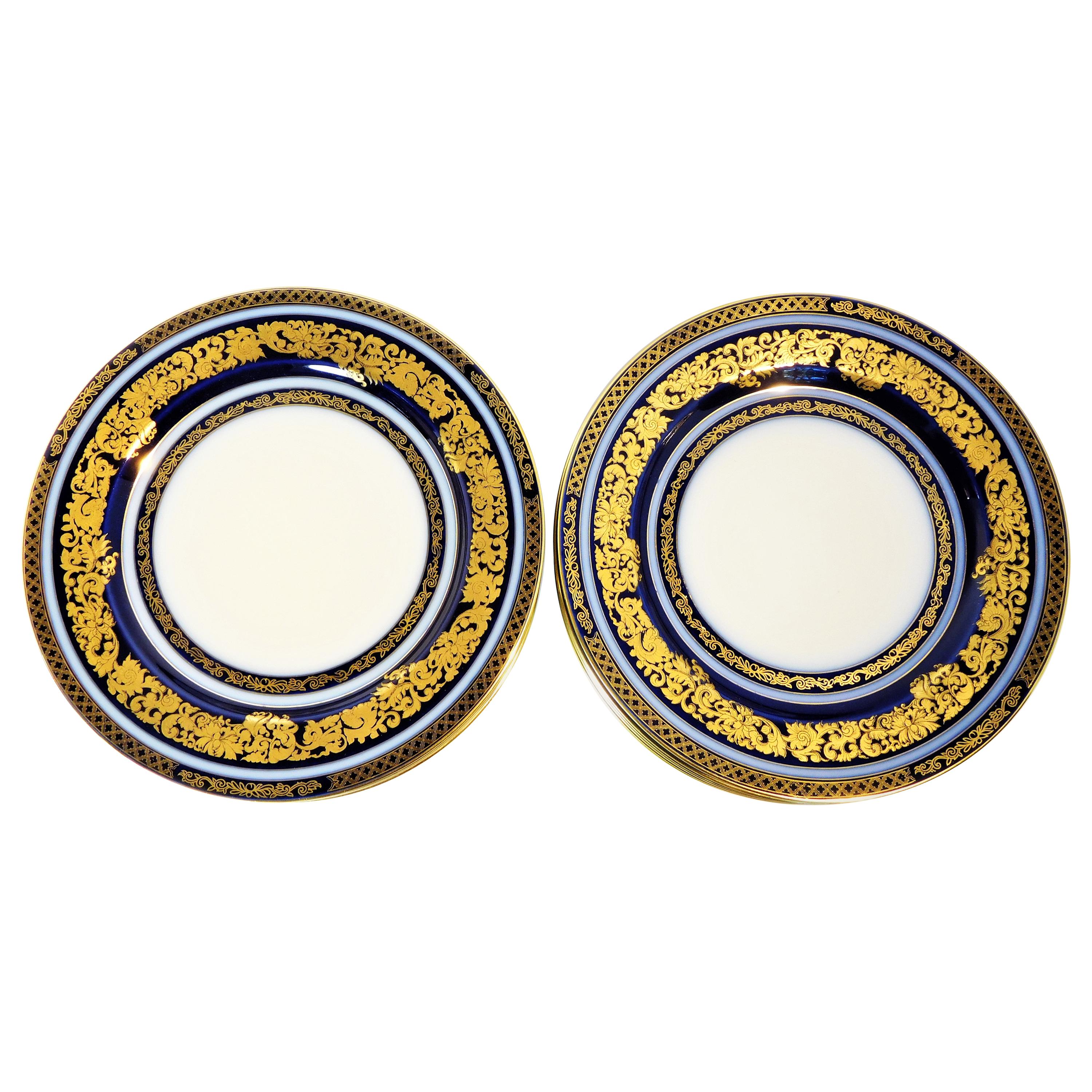 Set of 12 Tressemann & Vogt Cobalt & Gold Porcelain Dinner Plates, France, 1910 For Sale