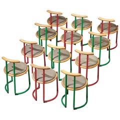 Green and Red Tubular Dining Chairs with Oak