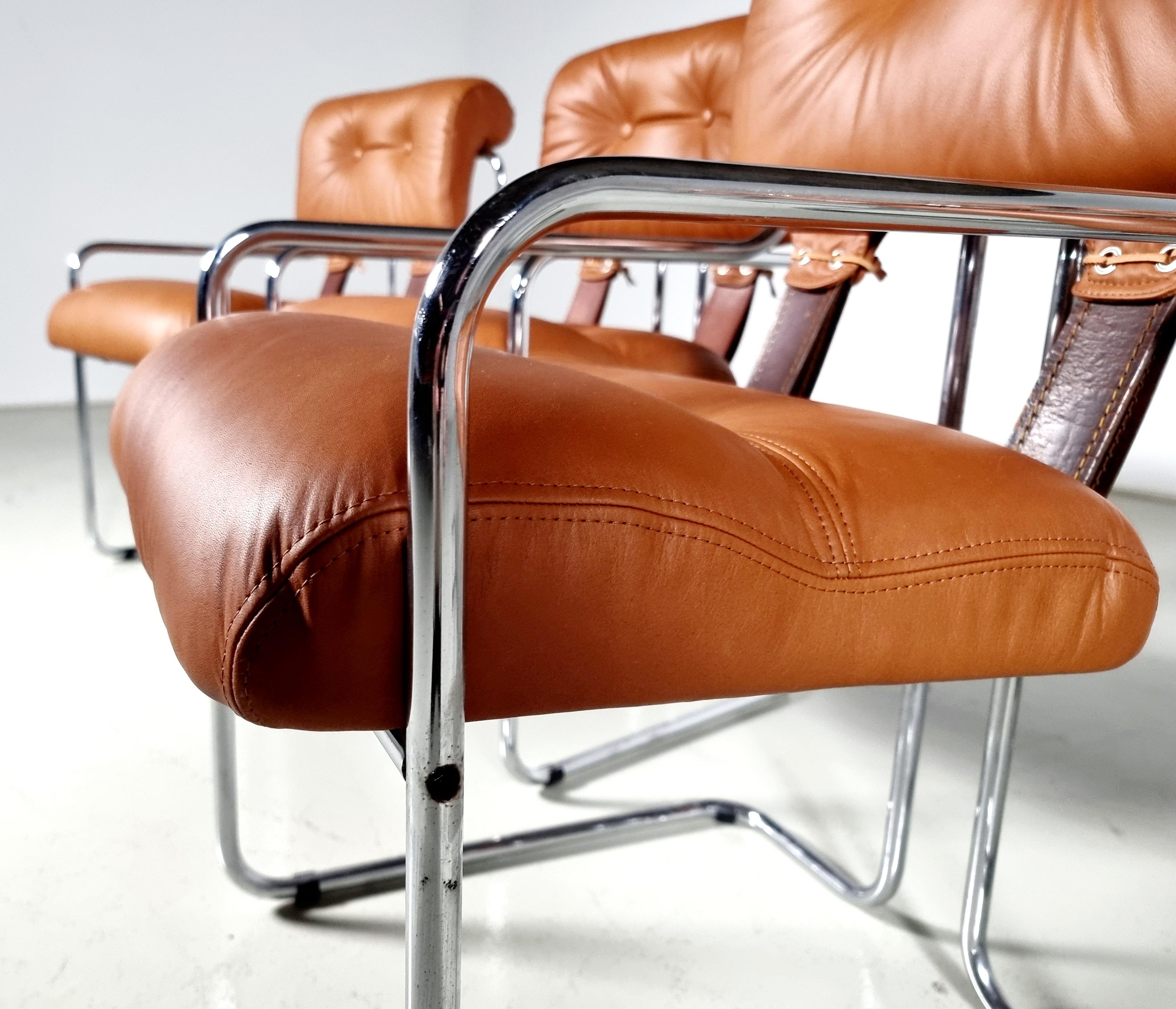 Steel Set of 12 Tucroma Chairs in cognac leather by Guido Faleschini, Mariani