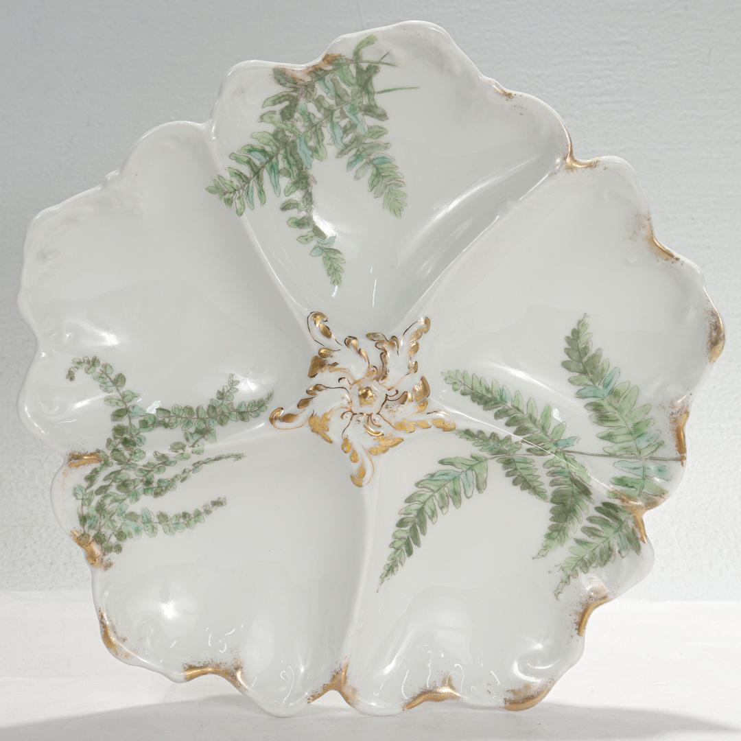 Set of 12 T&v Limoges Gilt Porcelain Oyster Plates with Green Transfer Ferns For Sale 3