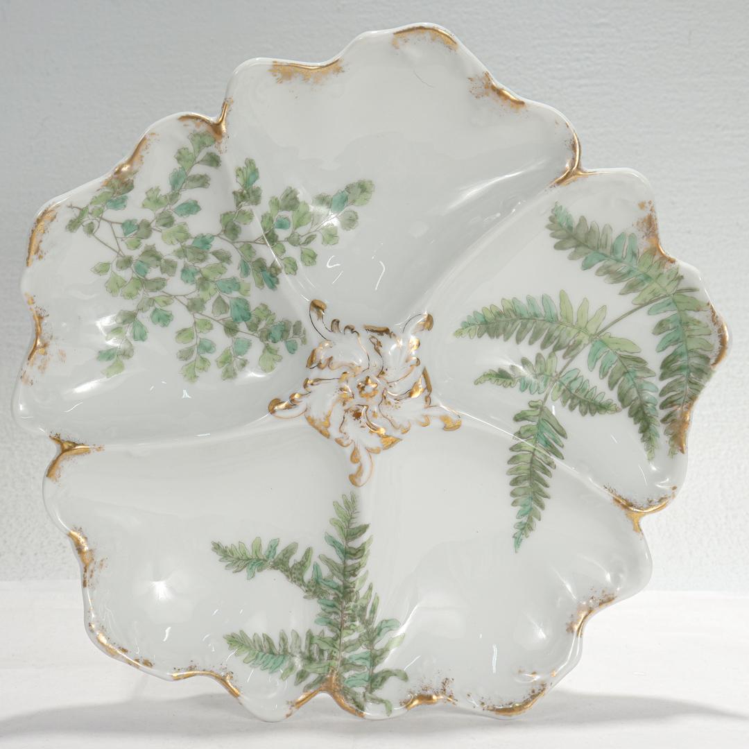 Set of 12 T&v Limoges Gilt Porcelain Oyster Plates with Green Transfer Ferns For Sale 4