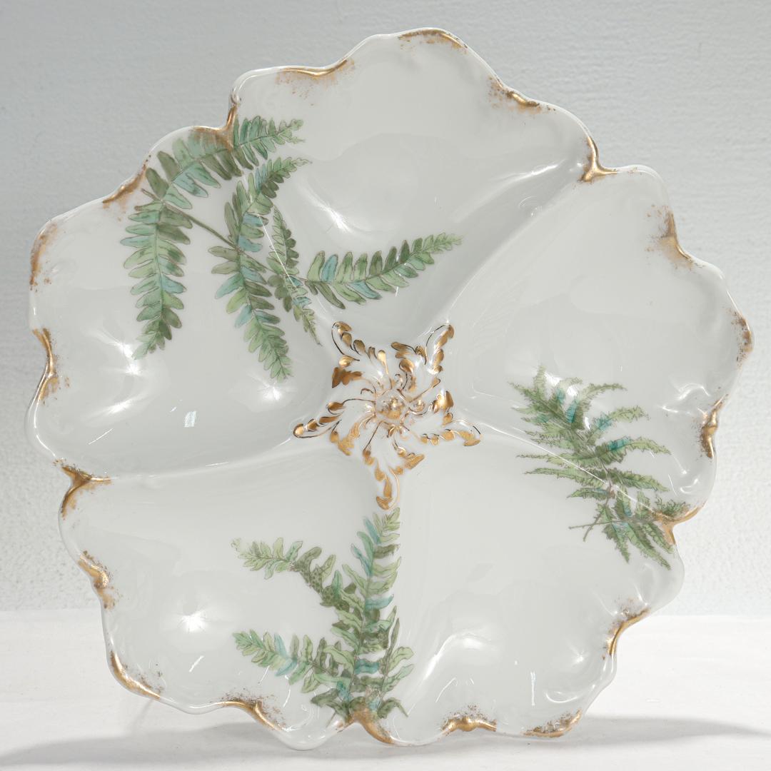 Set of 12 T&v Limoges Gilt Porcelain Oyster Plates with Green Transfer Ferns For Sale 7