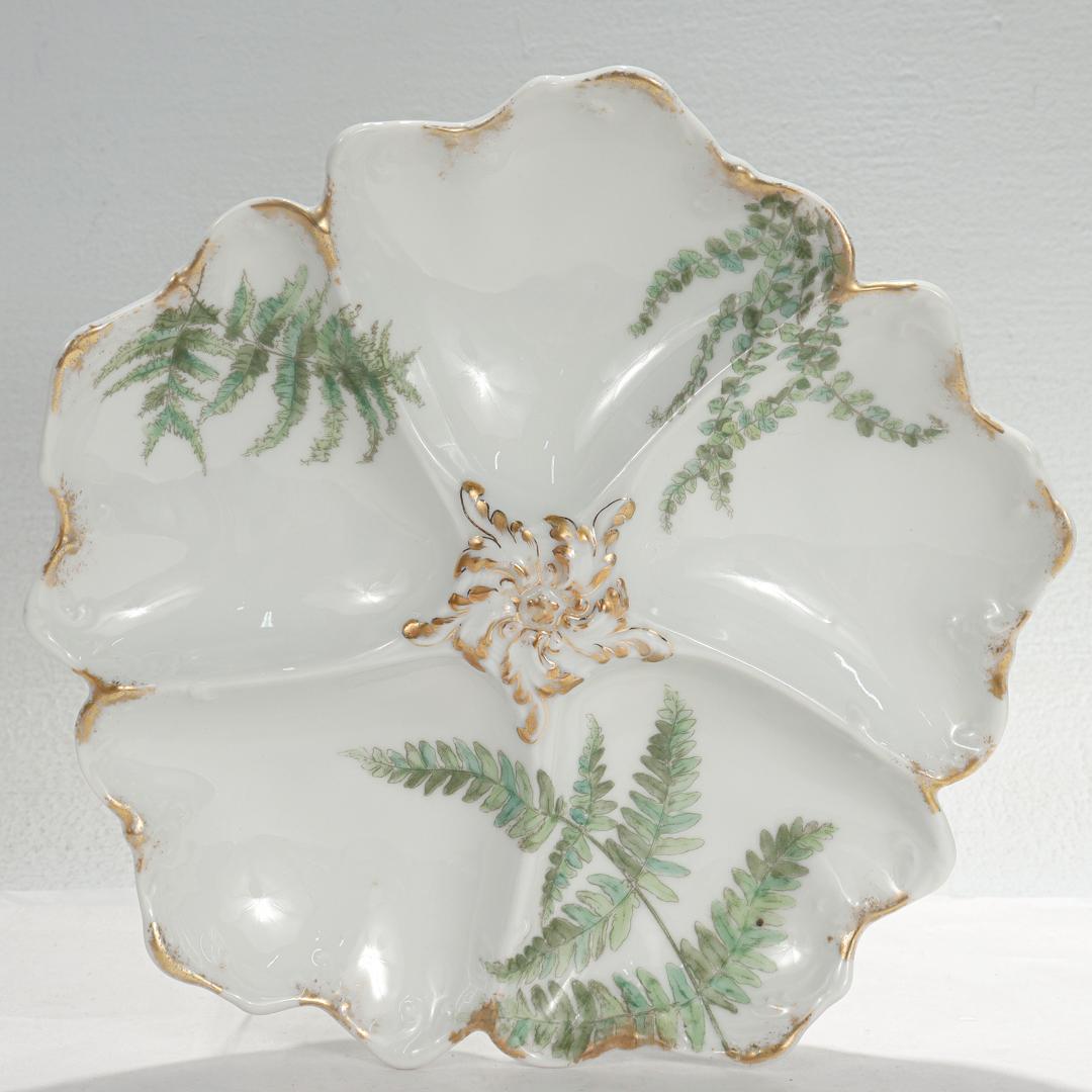 Set of 12 T&v Limoges Gilt Porcelain Oyster Plates with Green Transfer Ferns For Sale 8