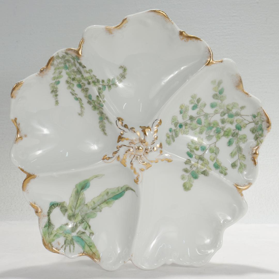 Set of 12 T&v Limoges Gilt Porcelain Oyster Plates with Green Transfer Ferns For Sale 9