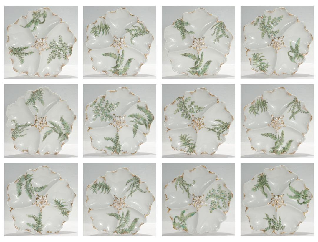 A fine set of 12 antique porcelain oyster plates.

By T&V Limoges.

With green transfer decoration of ferns as well as gilt highlights.

Originally retailed by Davis, Collamore, & Co. on Broadway in New York City.

Simply a top-shelf set of