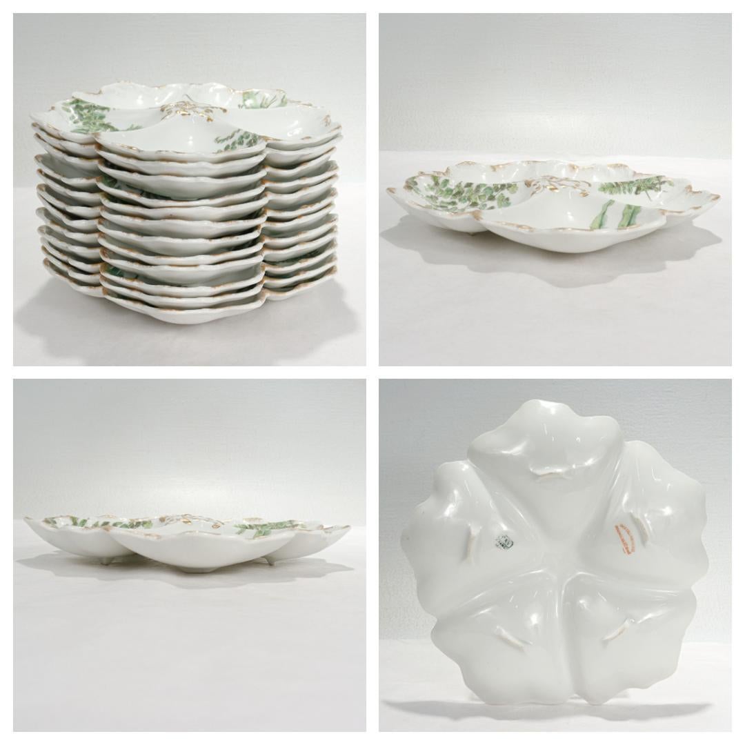French Set of 12 T&v Limoges Gilt Porcelain Oyster Plates with Green Transfer Ferns For Sale