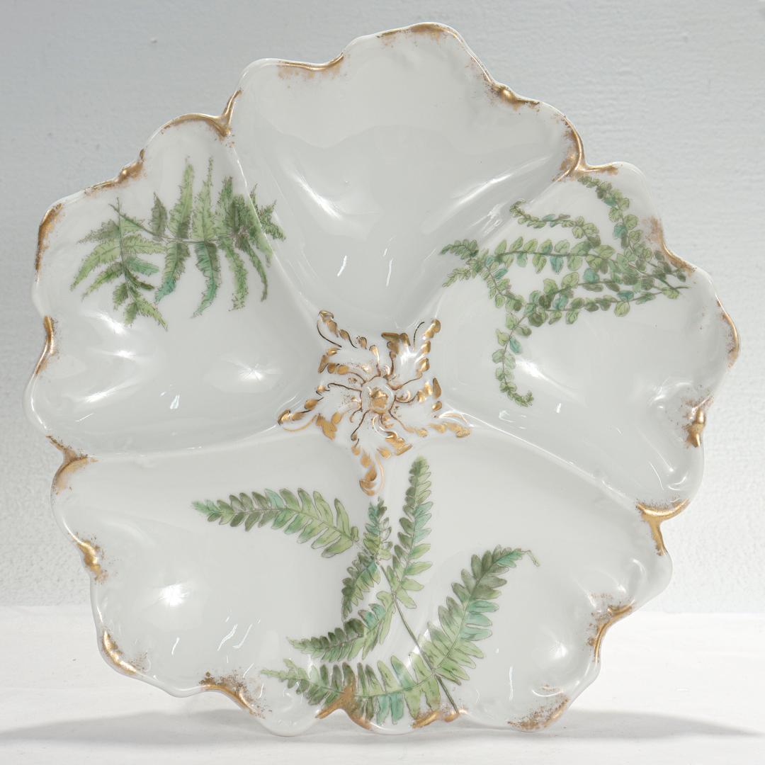 Set of 12 T&v Limoges Gilt Porcelain Oyster Plates with Green Transfer Ferns For Sale 1
