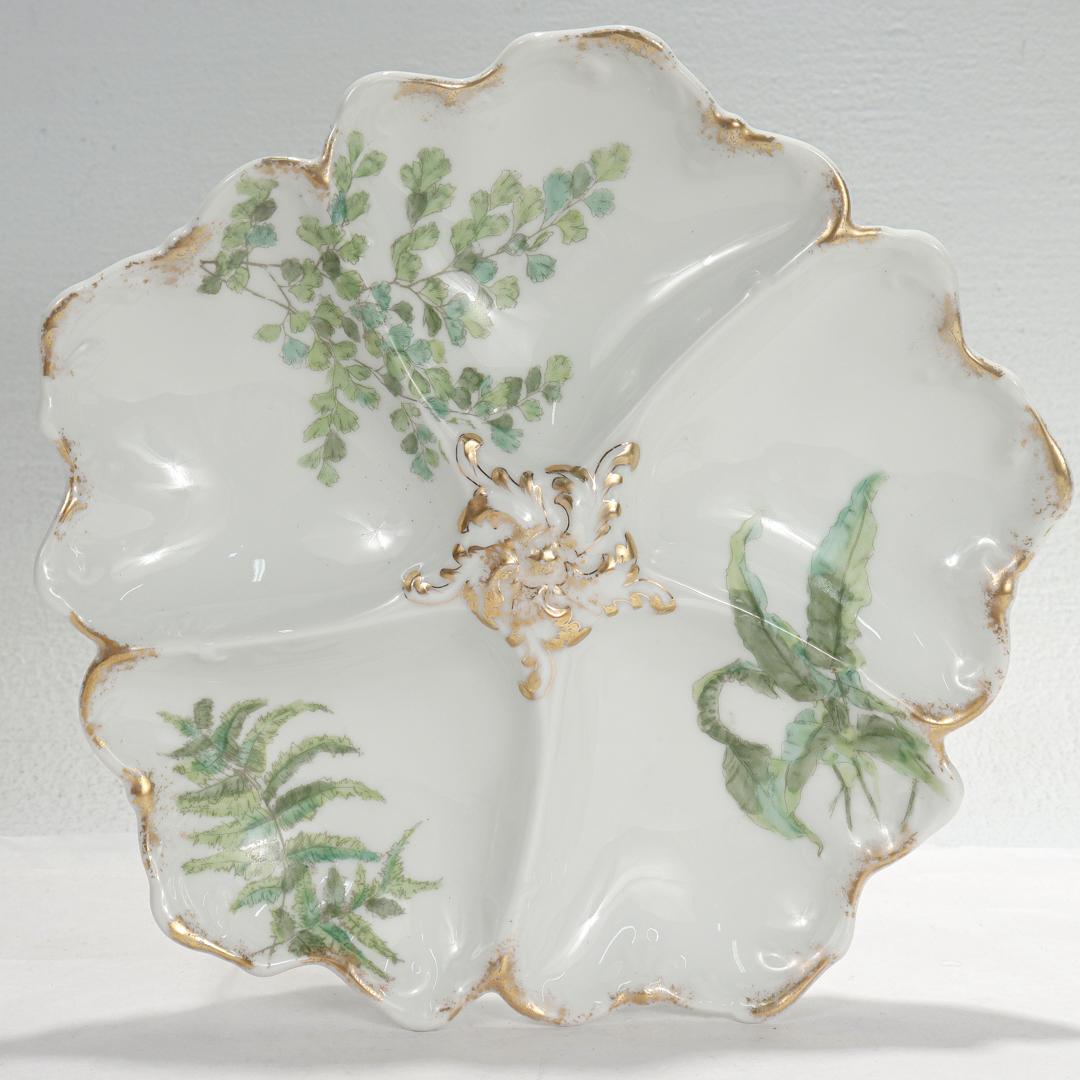 Set of 12 T&v Limoges Gilt Porcelain Oyster Plates with Green Transfer Ferns For Sale 2