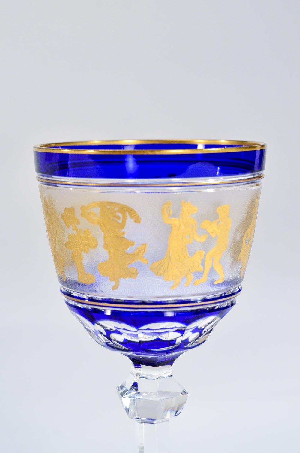 Engraved Set of 12 Val Saint Lambert Cobalt Overlay Cut to Clear Gilded Wine Goblets