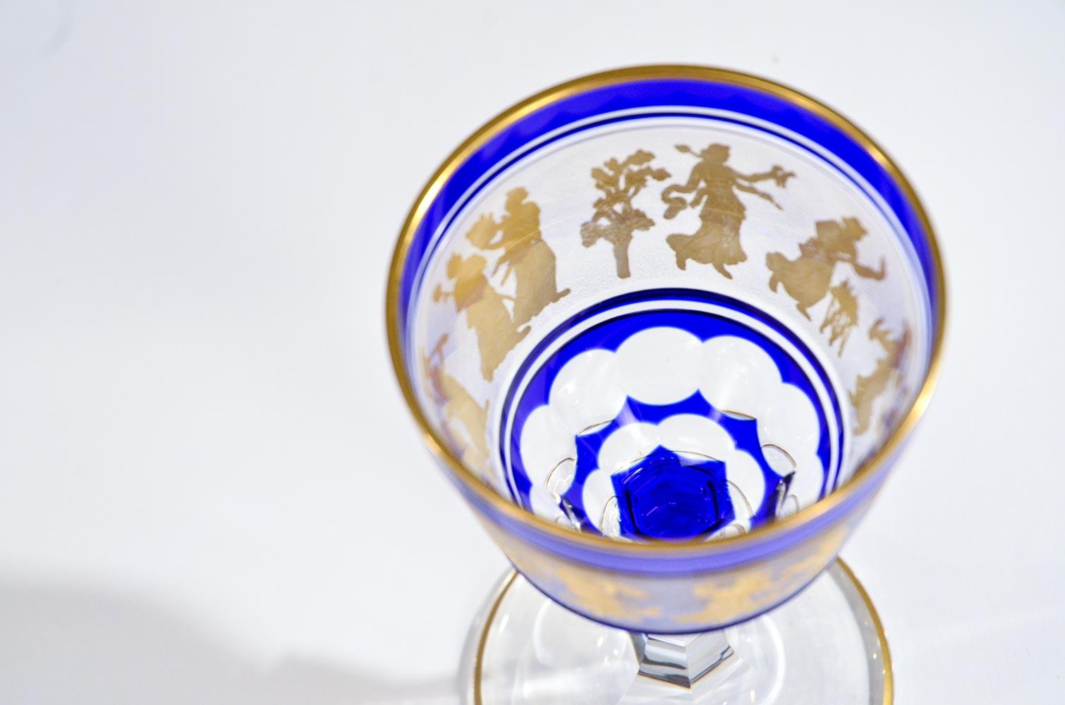 Mid-20th Century Set of 12 Val Saint Lambert Cobalt Overlay Cut to Clear Gilded Wine Goblets
