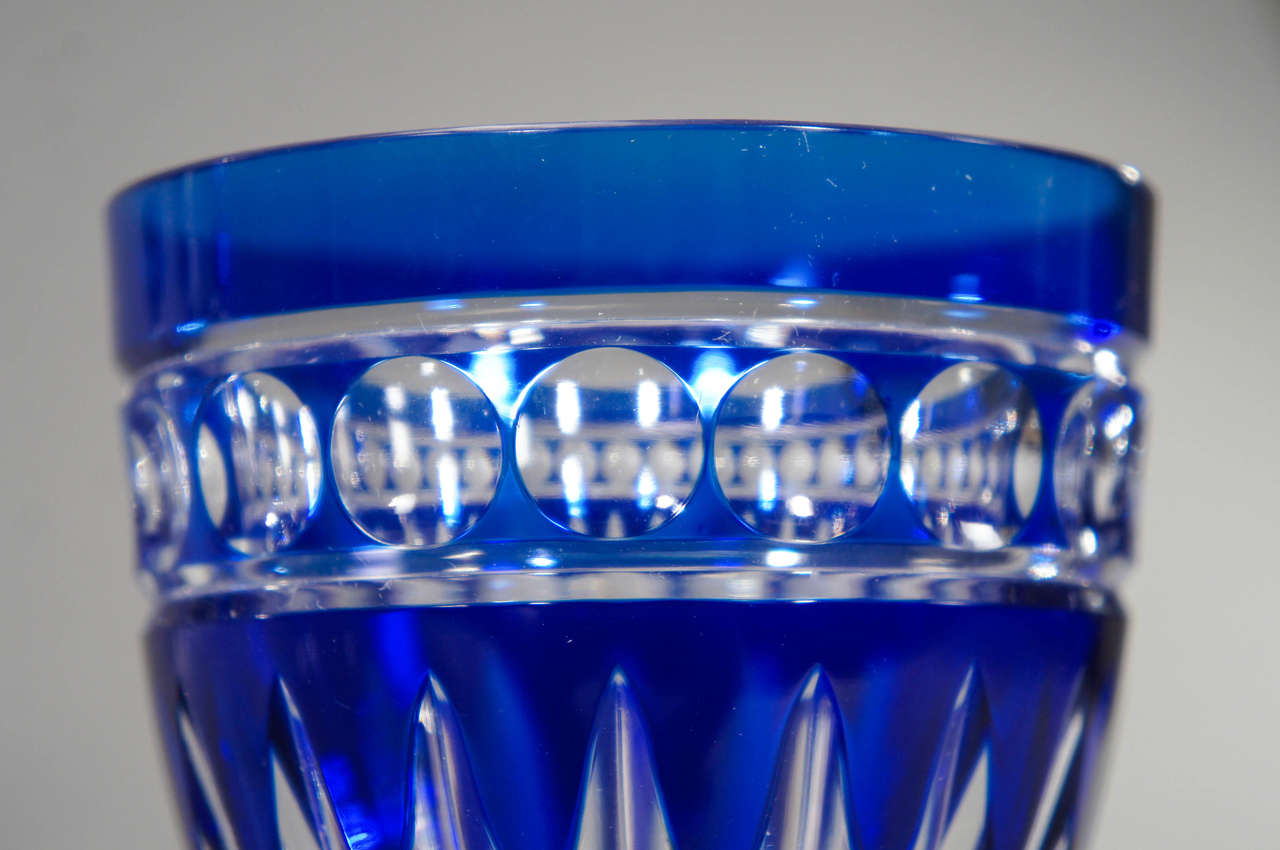 Mid-20th Century Set of 12 Val Saint Lambert Hand Blown Large Crystal Goblets Cobalt Cut to Clear
