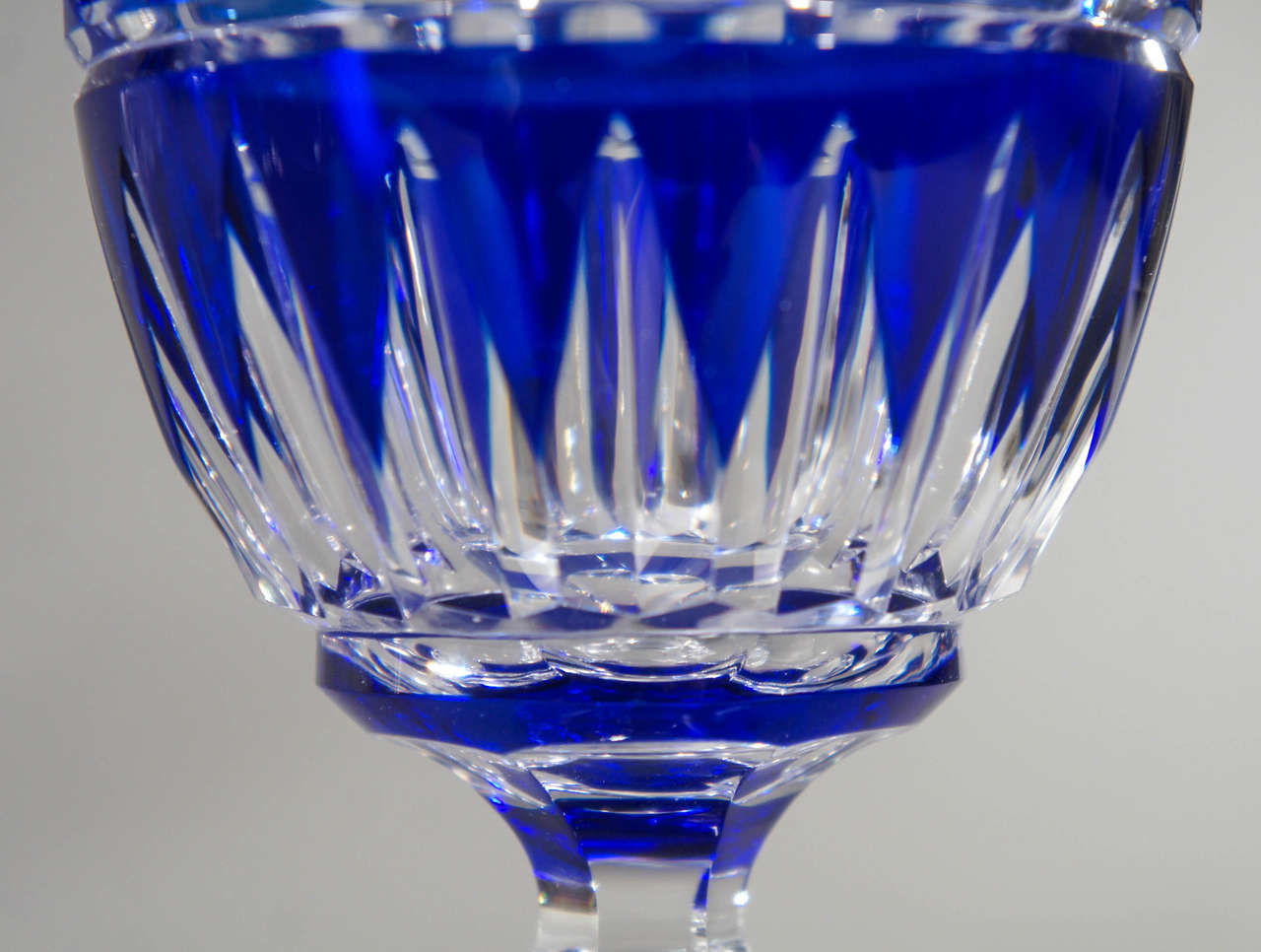 Set of 12 Val Saint Lambert Hand Blown Large Crystal Goblets Cobalt Cut to Clear 1