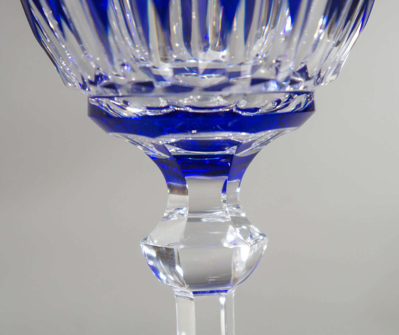 Set of 12 Val Saint Lambert Hand Blown Large Crystal Goblets Cobalt Cut to Clear 2