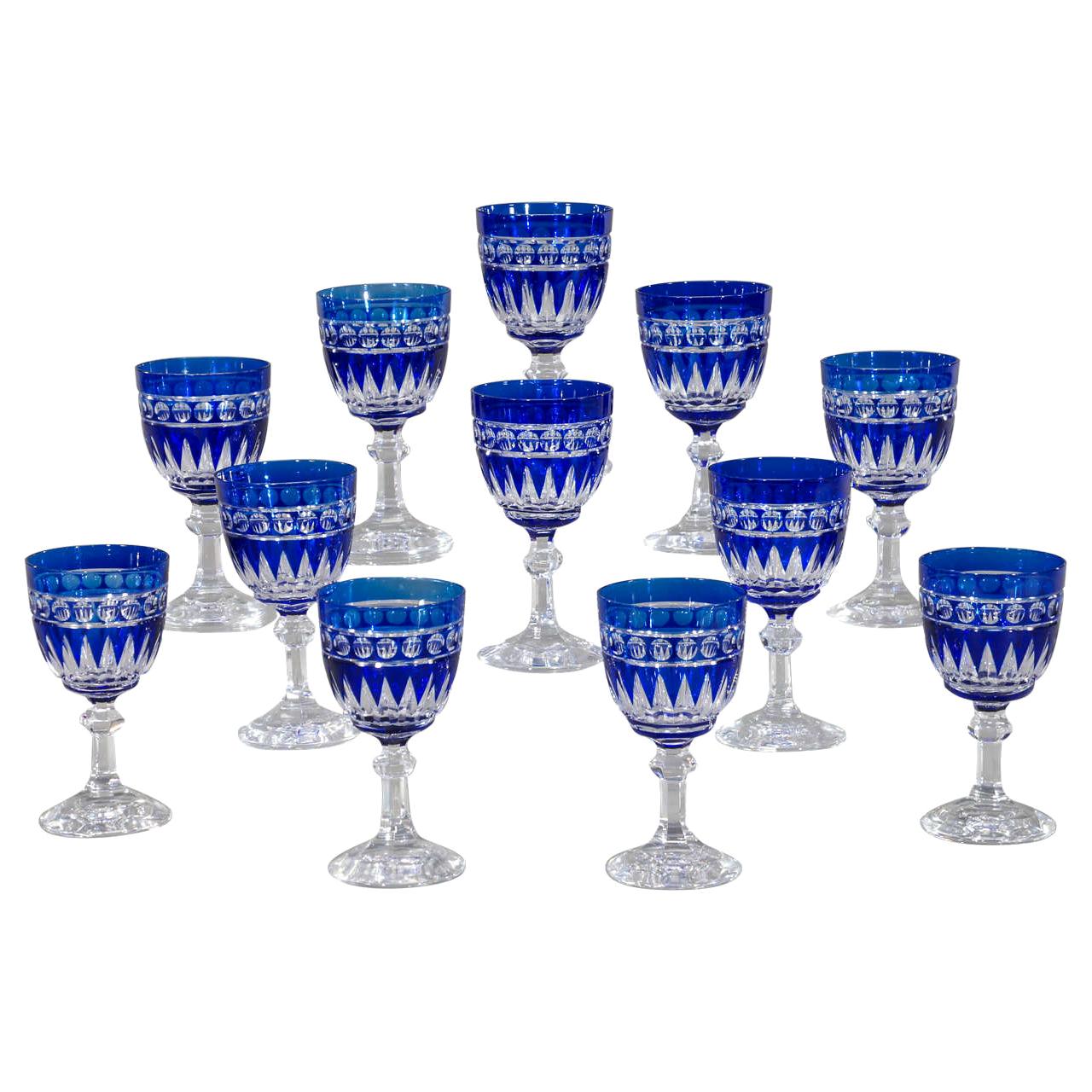 Set of 12 Val Saint Lambert Hand Blown Large Crystal Goblets Cobalt Cut to Clear