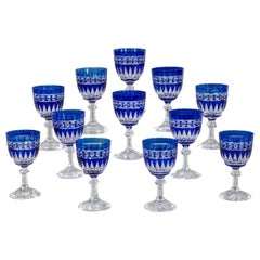 Vintage Set of 12 Val Saint Lambert Hand Blown Large Crystal Goblets Cobalt Cut to Clear