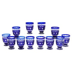 Vintage Set of 12 Val St. Lambert Crystal Tumblers Cobalt Blue Overlay Cut to Clear