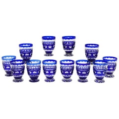 Set 12 Val St. Lambert Tall Crystal Tumblers Cobalt Blue Overlay Cut to Clear
