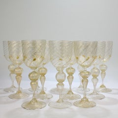 Set of 12 Venetian / Murano Glass Large Water or Wine Goblets w Gold Inclusions