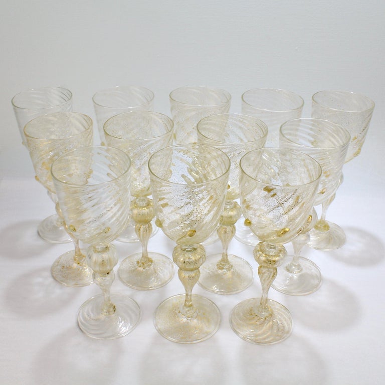 Set of 12 Venetian / Murano Glass Large Water or Wine Goblets w Gold Inclusions In Good Condition For Sale In Philadelphia, PA