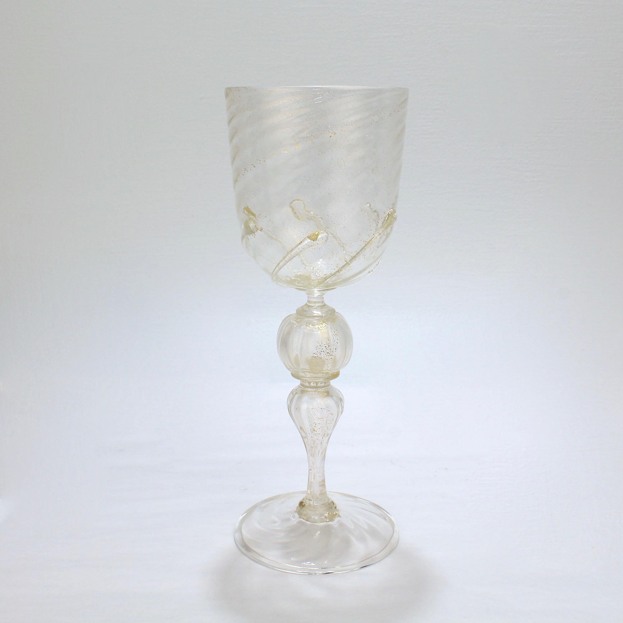 Mid-Century Modern Set of 12 Venetian / Murano Glass Large Water or Wine Goblets w Gold Inclusions