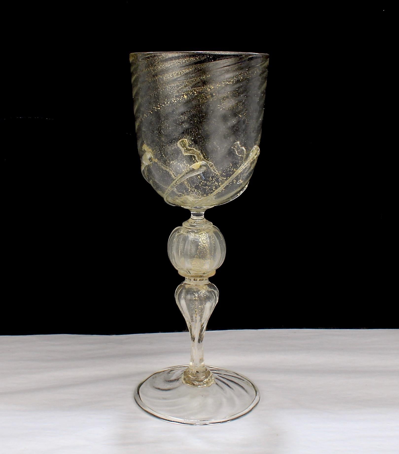 Set of 12 Venetian / Murano Glass Large Water or Wine Goblets w Gold Inclusions In Good Condition In Philadelphia, PA