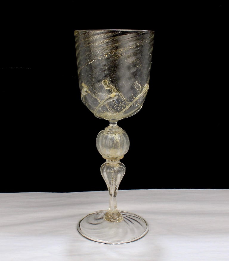 Set of 12 / Murano Glass Large Water or Wine Goblets w Gold Inclusions For Sale at 1stDibs