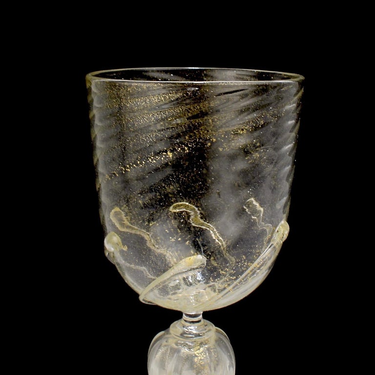Set of 12 Venetian / Murano Glass Large Water or Wine Goblets w Gold Inclusions For Sale 2