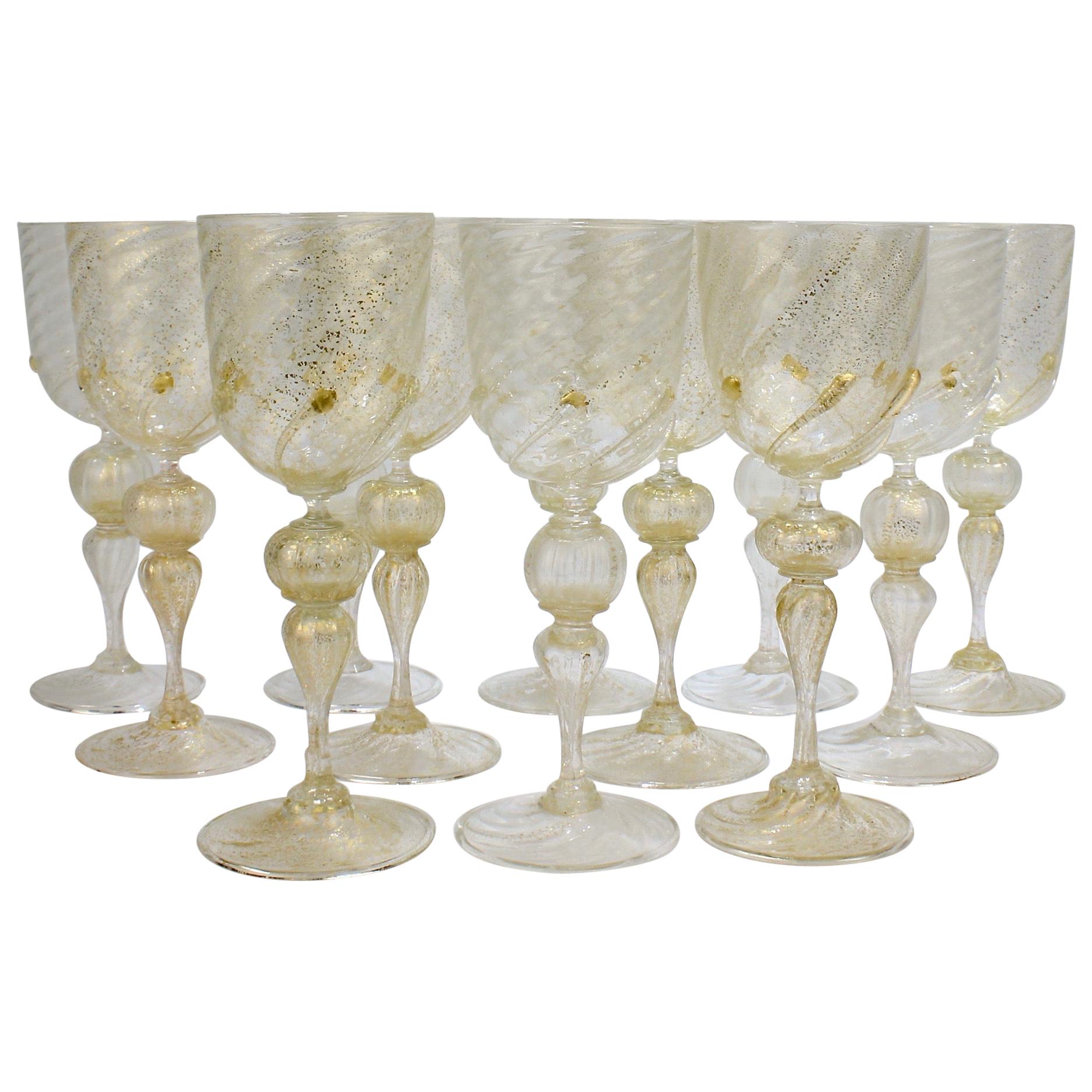 Set of 12 Venetian / Murano Glass Large Water or Wine Goblets w Gold Inclusions
